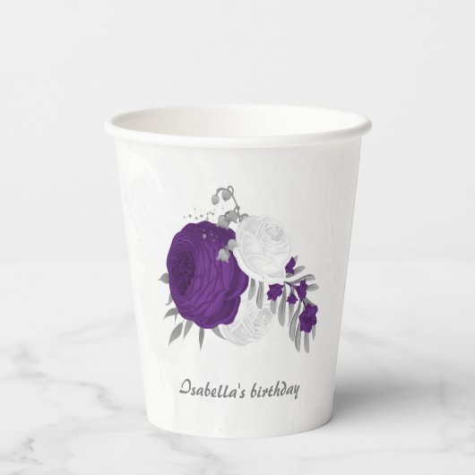 koninklijk paars en witte bloemen zilver papieren bekers (Achterkant)