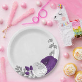 koninklijk paars en witte bloemen zilver papieren bordje (Feest)