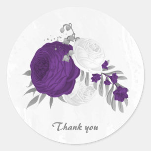koninklijk paars en witte bloemen zilver ronde sticker