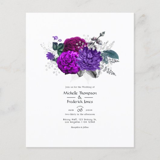  koninklijk Paars en zilveren Floral Wedding Flyer (Voorkant)