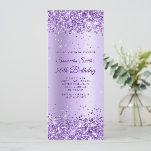 Koninklijk Paars Glitter Lavender Satin 50th Birth Kaart (Staand voorkant)
