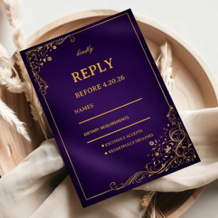 Koninklijk Paars Goud Bloemmotief RSVP Kaartje