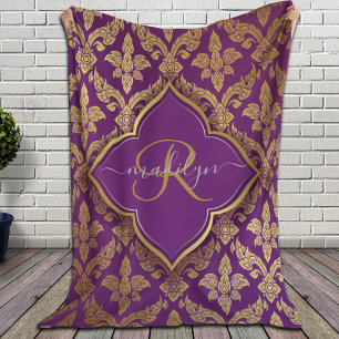 Koninklijk Paars Goud Damast Patroon Fleur Monogra Sherpa Deken
