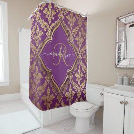 Koninklijk Paars Gouden Damast Patroon Fleur Monog Douchegordijn