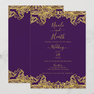 Koninklijk Paars & Gouden Kant Elegante Bruiloft Kaart