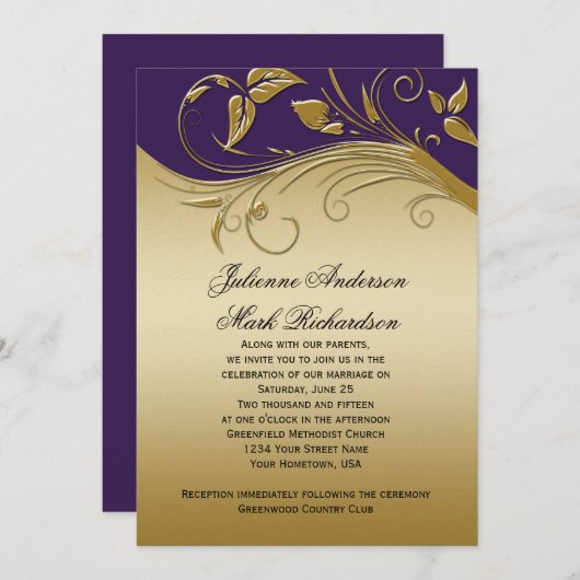   koninklijk Paars goudzirren bruiloft Kaart (Voorkant / Achterkant)