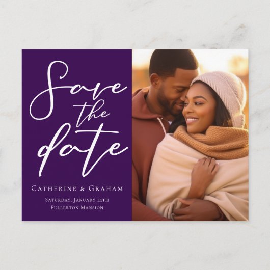 Koninklijk Paars Koppel Foto Elegante Spara de Fot Aankondigingskaart (Voorkant)