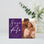 Koninklijk Paars Koppel Foto Elegante Spara de Fot Aankondigingskaart (Staand voorkant)