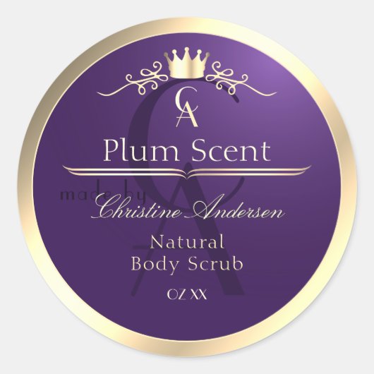 Koninklijk Paars Productlabel Gouden Frame en Mono Ronde Sticker (Voorkant)