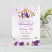 Koninklijk Paars Roos Butterfly Princess Quinceane Kaart (Staand voorkant)