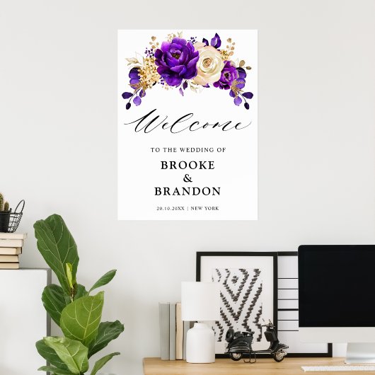 Koninklijk Paars Violet Gold Floral Weduwschap Wel Poster (Thuiskantoor)