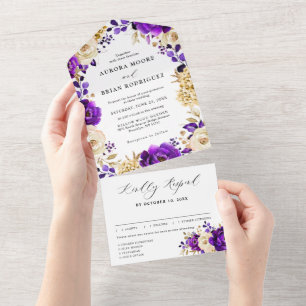 Koninklijk Paars Violette Gouden Bloemige Botanisc All In One Uitnodiging