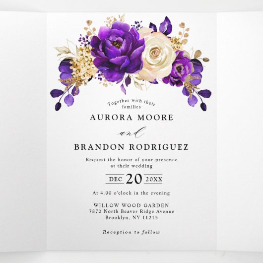 Koninklijk Paars Violette Gouden Bloemige Botanisc Drieluik Aankondiging (Binnenkant midden)