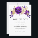 Koninklijk Paars Violette Gouden Bloemige Botanisc Save The Date<br><div class="desc">Elegante koninklijk paarse gouden thema trouwkaart om te bewaren met elegante boeket van koninklijk paarse,  indigo,  gouden,  gele kleur rozen bloemknoppen en eucalyptus bladeren. Neem contact met me op voor hulp bij maatwerk of als je een ander product nodig hebt met dit ontwerp.</div>