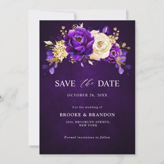 Koninklijk Paars Violette Gouden Bloemige Botanisc Save The Date (Voorkant)