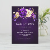 Koninklijk Paars Violette Gouden Bloemige Botanisc Save The Date (Staand voorkant)