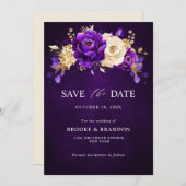 Koninklijk Paars Violette Gouden Bloemige Botanisc Save The Date (Voorkant / Achterkant)