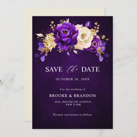 Koninklijk Paars Violette Gouden Bloemige Botanisc Save The Date (Voorkant / Achterkant)