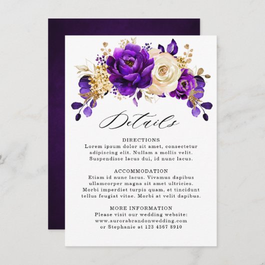 Koninklijk Paars Violette Gouden Botanische Trouwd Informatiekaartje (Voorkant / Achterkant)