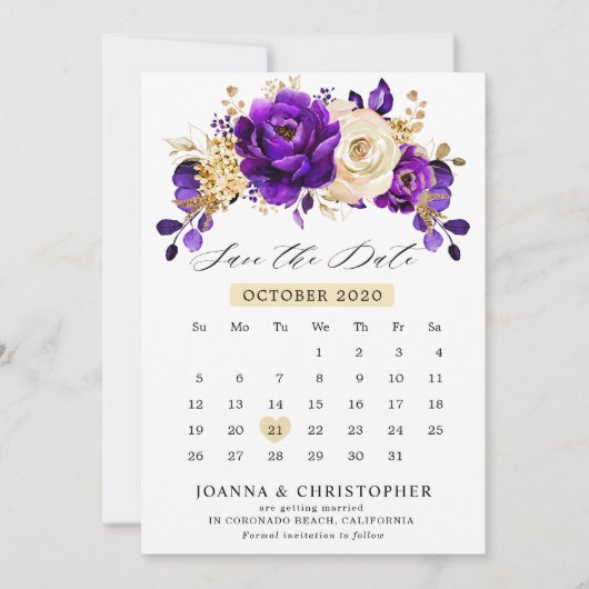 Koninklijk Paars Viooltje Goud kalender Save The Date (Voorkant)