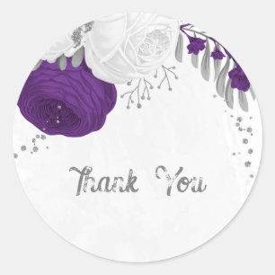 koninklijk paars & witte bloemen zilver klassieke  ronde sticker