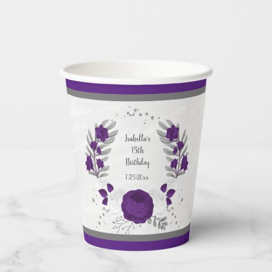 koninklijk paars & witte bloemen zilveren krans papieren bekers (Achterkant)