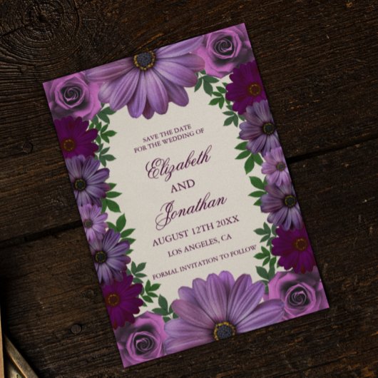 Koninklijk Paarse Bloemige Bruiloft Save The Date