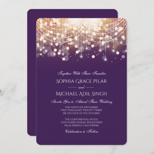 Koninklijk Paarse en Gouden Bokeh Lichten Kaart (Voorkant / Achterkant)