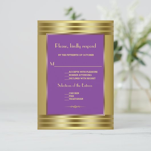 Koninklijk Paarse en Gouden Huwelijksreactie RSVP Kaartje (Staand voorkant)
