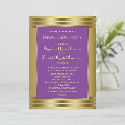 Koninklijk Paarse en Gouden Verloving Feest Kaart (Staand voorkant)