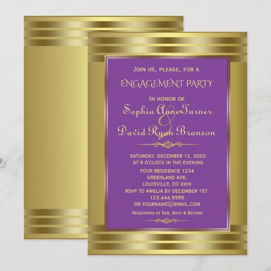 Koninklijk Paarse en Gouden Verloving Feest Kaart (Voorkant / Achterkant)
