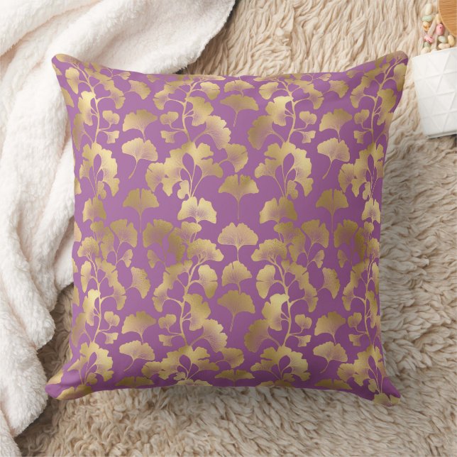 Koninklijk Paarse Ginkgo Blad Luxe Gouden Patroon Kussen (Deken)