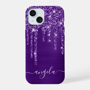 Koninklijk Paarse Glitter Drips Glam Handtekening iPhone 15 Case