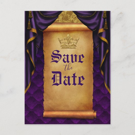Koninklijk Paarse Gouden Gordijnen Rol Huwelijksda Aankondigingskaart (Voorkant)
