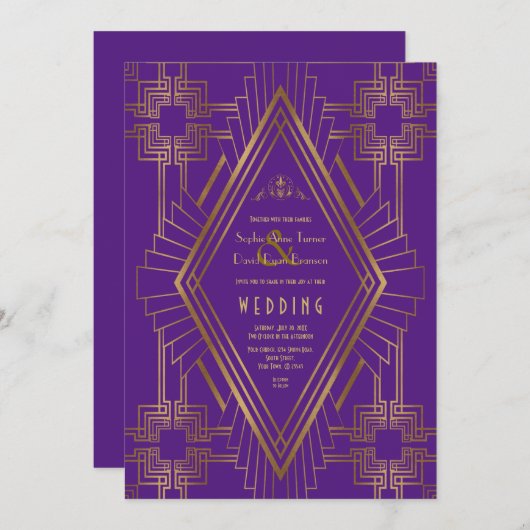 Koninklijk Paarse Gouden Great Gatsby Bruiloft Kaart (Voorkant / Achterkant)