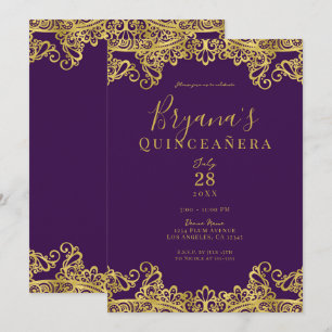Koninklijk Paarse Gouden Kant Elegant Quinceañera Kaart