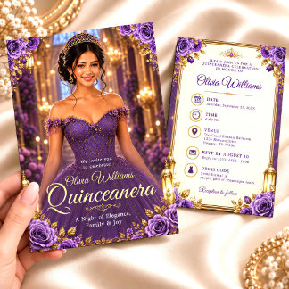Koninklijk Paarse & Gouden Quinceañera Verjaardag Kaart