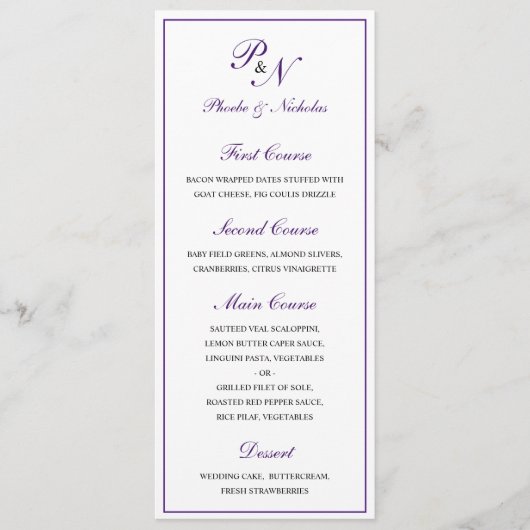 Koninklijk Paarse Klassieke Elegante Bruiloft Menu (Voorkant)