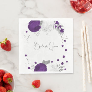 koninklijk paarse & witte bloemen zilveren bruilof servet