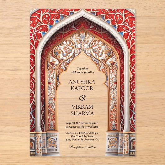 Koninklijk Paleis Rode Boog Indiase bruiloft Acryl Uitnodigingen (Voorkant)