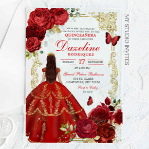 Koninklijk Rode en Gouden Princessa Quinceañera Acryl Uitnodigingen