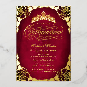 Koninklijk Rode Gouden Elegante Roze Script Quince Folie Uitnodiging
