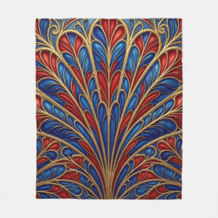 Koninklijk Rood Blauw Goud Weelderig Pauwwaaierpat Fleece Deken