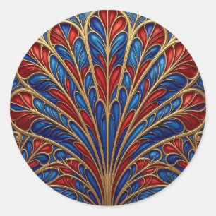 Koninklijk Rood Blauw Goud Weelderig Pauwwaaierpat Ronde Sticker