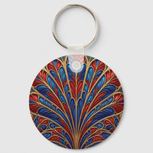 Koninklijk Rood Blauw Goud Weelderig Pauwwaaierpat Sleutelhanger