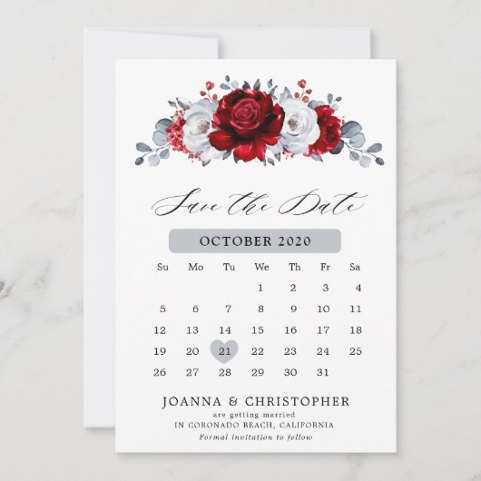 Koninklijk rood wit zilver metallic bloem bruiloft save the date (Voorkant)