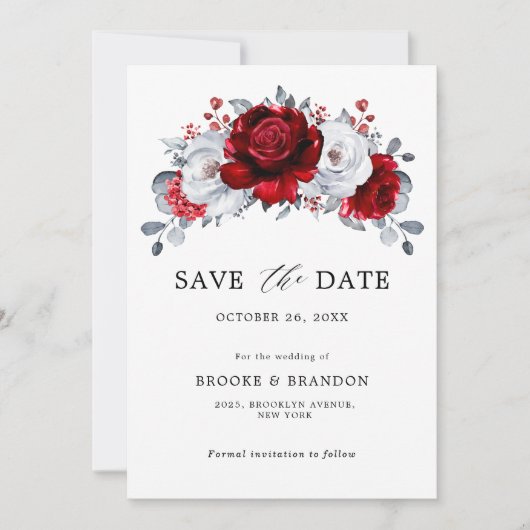 Koninklijk rood wit zilver metallic bloemige bruil save the date (Voorkant)