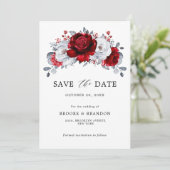 Koninklijk rood wit zilver metallic bloemige bruil save the date (Staand voorkant)