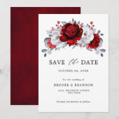 Koninklijk rood wit zilver metallic bloemige bruil save the date (Voorkant / Achterkant)