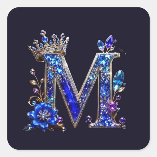 Koninklijk saffier kristal M kroon monogram Vierkante Sticker (Voorkant)